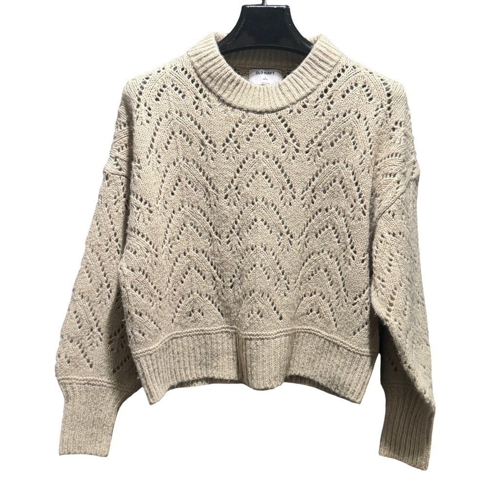 Old Navy Womens Small Petite Beige Pointelle Knit Chevron Pullover Sweater Boho